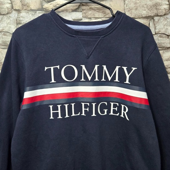 Tommy Hilfiger Sweatshirt M Navy Pullover Crewneck Logo Fleece Casual EUC Unisex - Picture 3 of 5